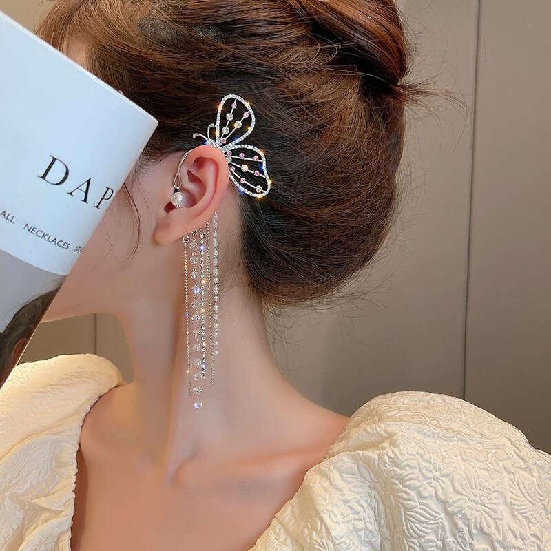 Japanse Koreaanse Mode Oor Clip Vrouwen Earring Ongebruikelijke Zoete Vlinder Parel Crystal Kwasten Chain Dangle Oorbellen