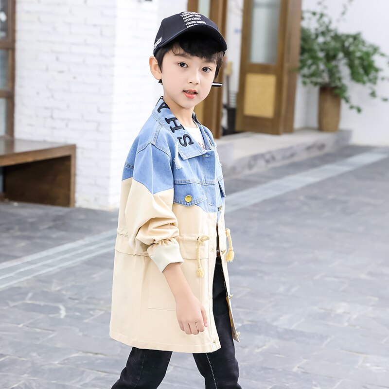 Boys Denim Trench 3-13 years old Korean Spring and Autumn Children's Clothing Letter Turn-down Collar Kids Clothes