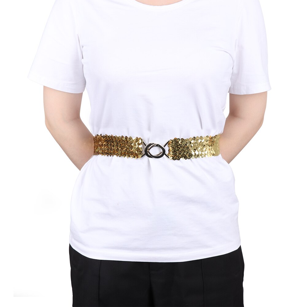 Guld bælte stretch mave bred linning wrap spænde korset kostume billigste desinger kvinder dame elastisk pailletter