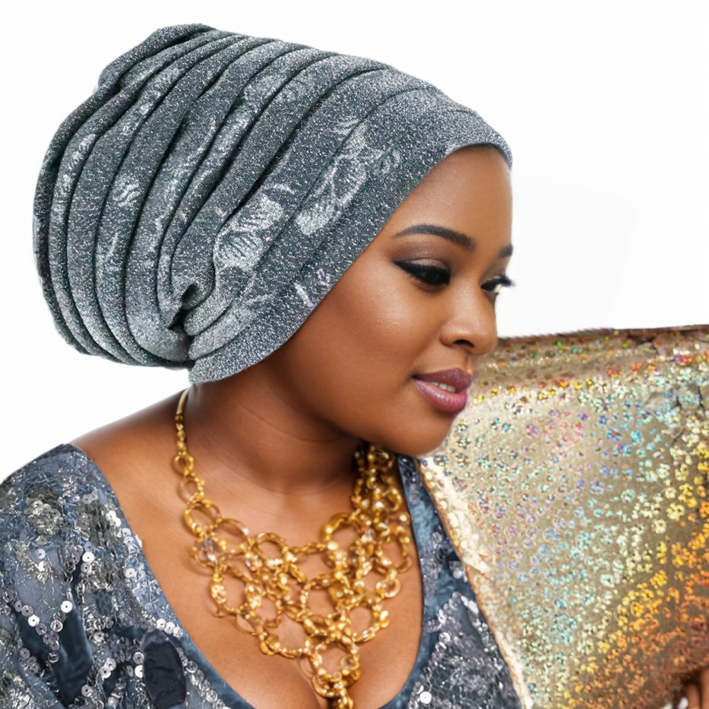 Gorro de Turbante plisado de cuerpo completo con purpurina para Mujer, envolturas para la cabeza para Mujer, pañuelo musulmán, sombrero, Turbante para Mujer, tocado africano: Azul