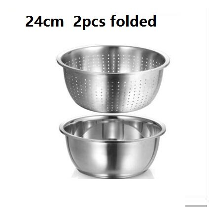 basin 2pcs set utensil Thick stainless steel pots drain washing strainer round deepen mixing bowl fruit vegetable washing bowl: 24cm