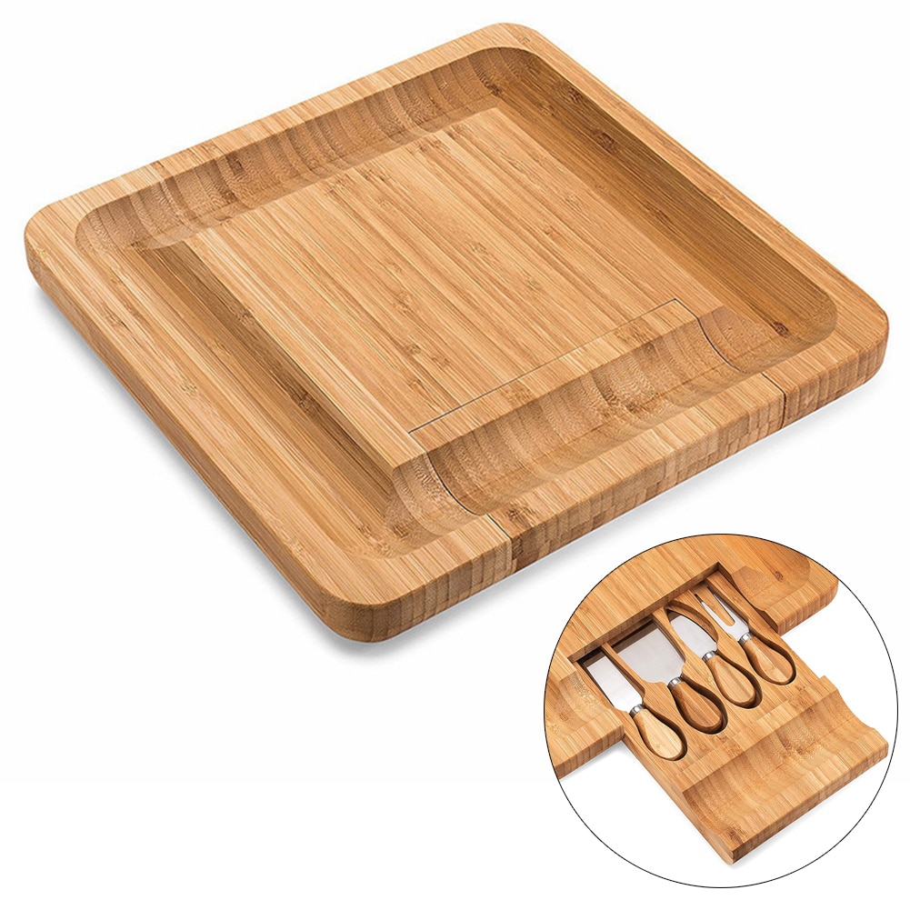 Bamboo Cheese Board with Cutlery Wood Charcuterie Platter Serving Meat Board with Slide-Out Drawer with 4 knife