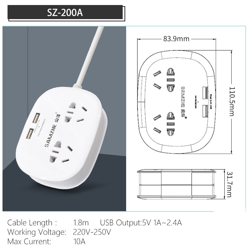 Samzhe strømstikstik bærbar stripstikadapter med 3 usb-port multifunktionel smart hjemmeelektronik: Sz -200a