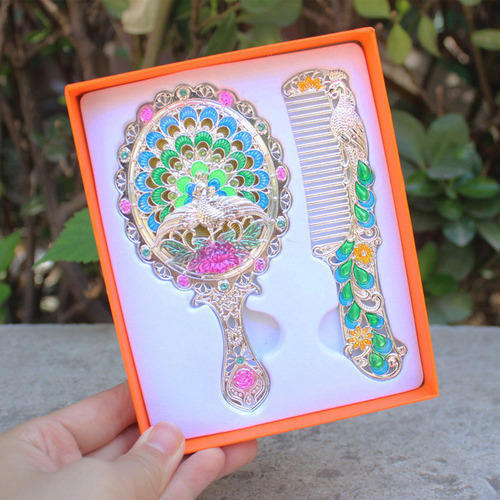 Travel retro makeup handle mirror comb set simple portable dormitory decor student mirror Peacock mirror LB41613: 10
