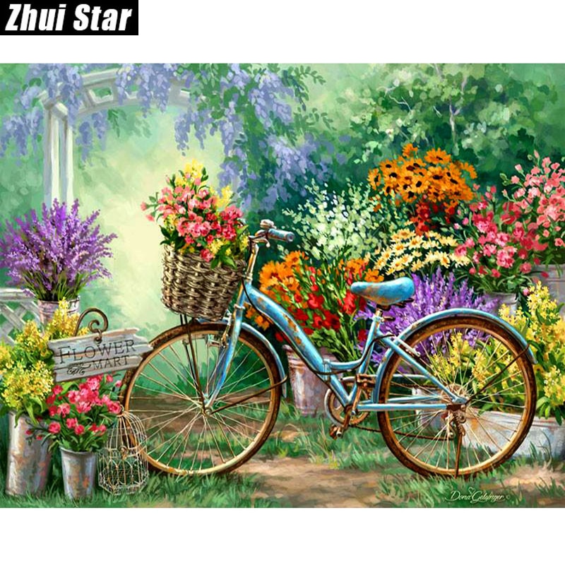Full Square Diamond 5D DIY Diamond Painting "Flowers And Bicycles" Embroidery Cross Stitch Rhinestone Mosaic Painting Decor