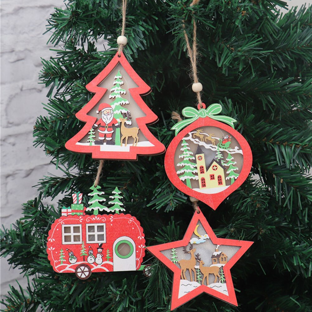 LED light Christmas Tree Star car Wooden Pendants Ornaments Xmas DIY Wood Crafts Kids for Home Christmas Party Decorations