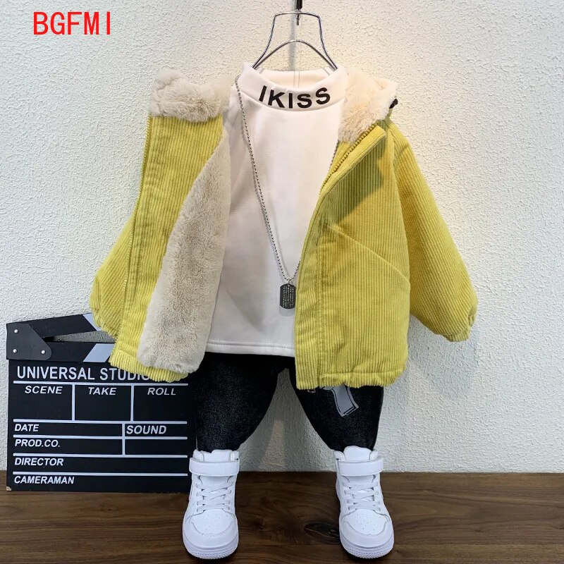 -20 ° Jongens Corduroy Jas Winter Thicken Kinderen Knappe Baby Herfst Winter Mouwen Plus Fleece Jas Kids kleding: YELLOW / 120cm