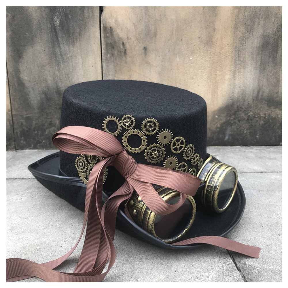Women Handmade Steampunk Top Hat With Gear Glasses And Ribbon Stage Magic Hat Bowler Hat Cosplay Hat  Steampunk Hat: Default Title