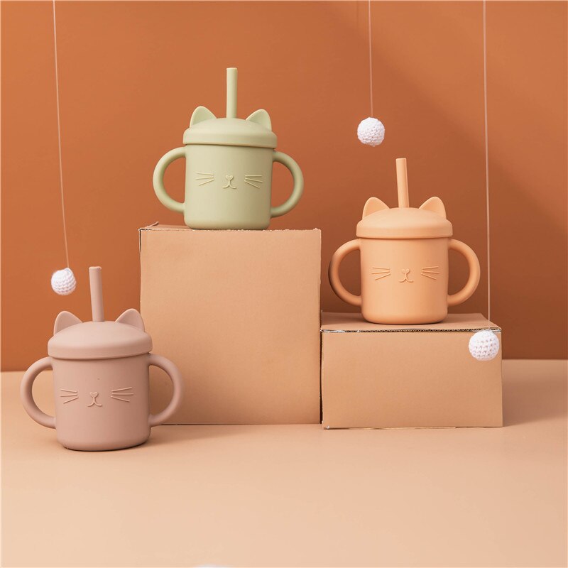 Vasos de silicona para alimentación de bebé, taza con dibujos de gato para niños pequeños, tapas sólidas con asa para beber
