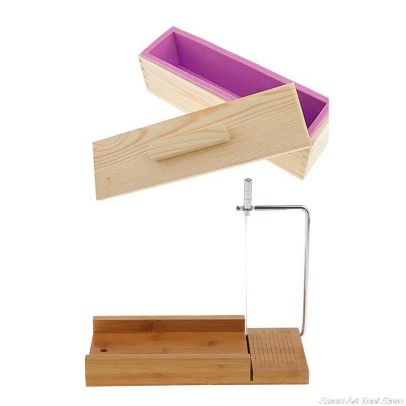 Houten Zeep Loaf Cutter Mold En Zeep Cutter Set Rechthoek Siliconen Mal Met Houten Doos Rechte En Golvende Zeep Cutter: E1-27.2x7.6x7.6cm