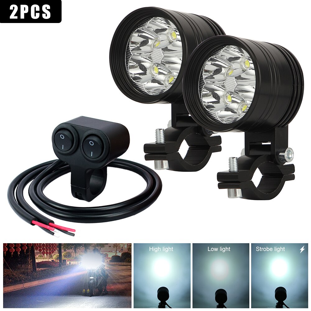 Motorcycle Led Light Headlight 6500k White Super Bright 6-Leds Working Spot Light Motorbike Fog Lamp 60W LED Scooters Spotlight: 2pcs Switch B