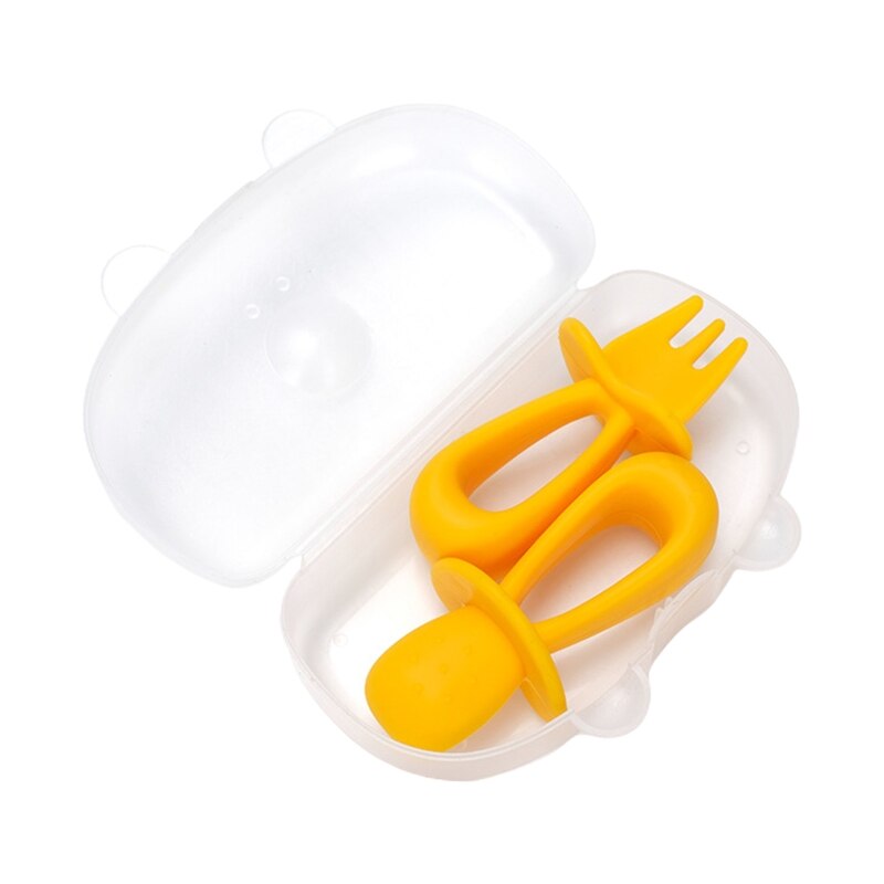 2 stuks/set babytraining korte steel siliconen vork lepel set baby servies  a2ub: Geel