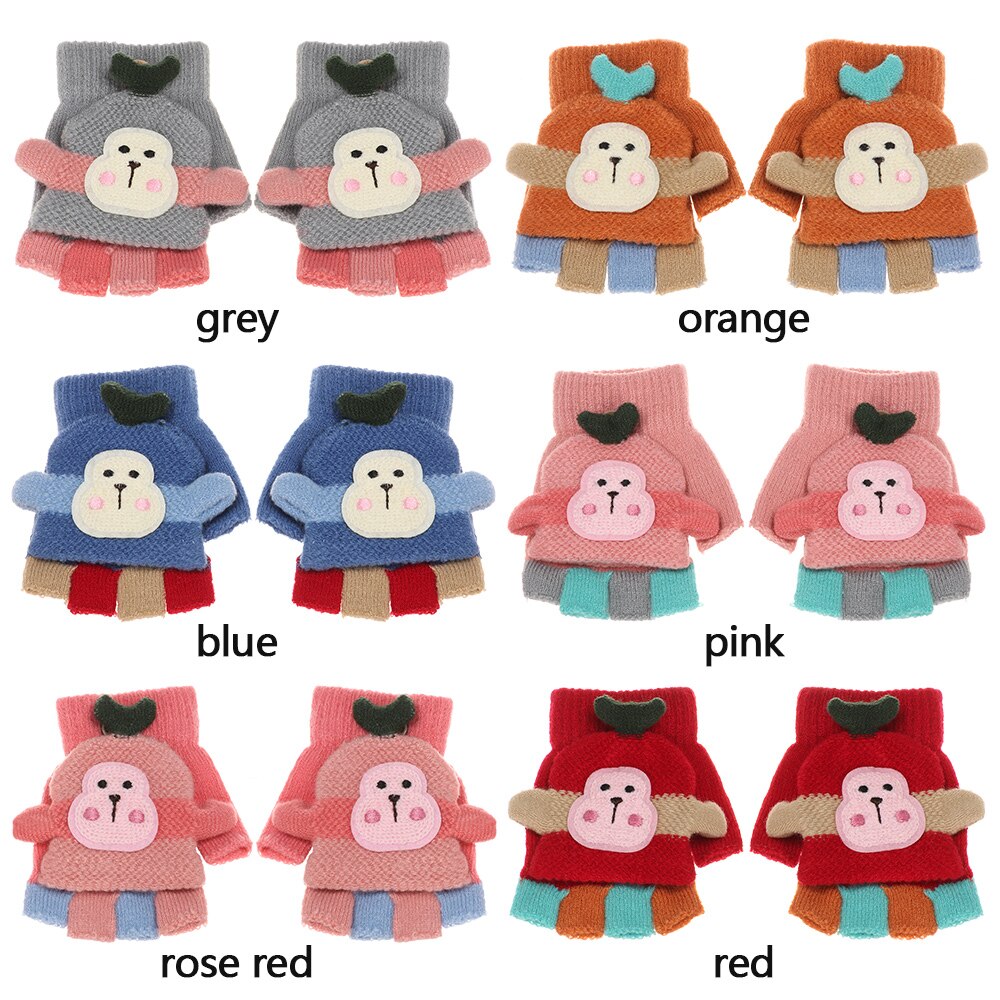 1 par bonito dos desenhos animados crianças luvas de malha meninos meninas inverno quente metade dedo flip superior luvas sem dedos para 3-8 anos de idade