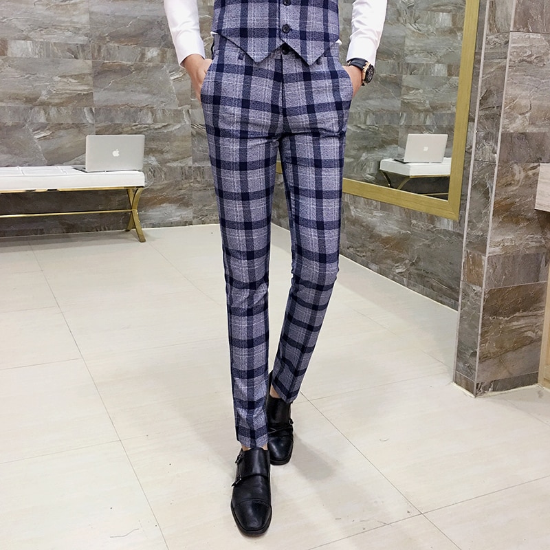 Herre ternede bukser slim fit mænd kontorbukser mænd formelle bukser plaid pantaloni uomo afslappet mænd kjole jakkesæt bukser pantalon homme