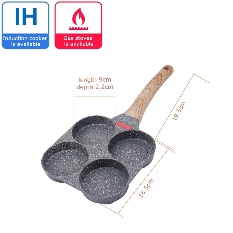 Universal 4-Hole Scrambled Egg Non-stick Frying Pan Wooden Handle Induction Cooker Gas Stove Kitchen Omelette Burger Pancake Pan: Default Title