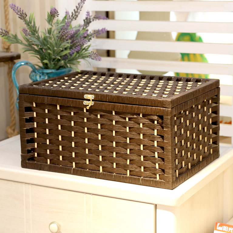 Rattan Weaving Storage Box with Lid Household Desktop Debris Storage Box Living Room Snacks Bedroom Clothing Storages Basket: S  30x20x13cm / a3