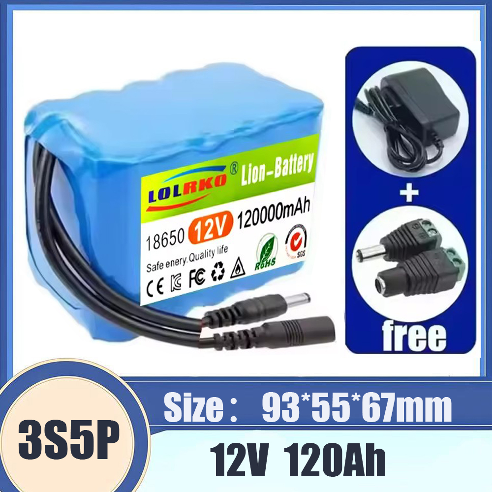 12V 120Ah 18650 Lithium Battery Pack 3S5P Rechargeable Battery with BMS 12.6v Charger for Fishing Bicycle Large Capacity Battery: Default Title