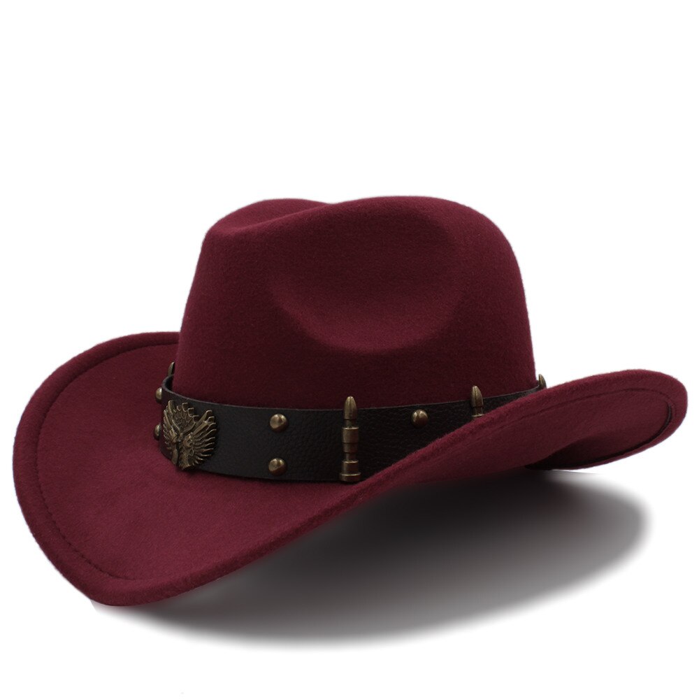 Wome Black Wool Chapeu Western Cowboy Hat Jazz Sombrero Hombre Cap Lady Cowgirl Hats Size 56-58cm: Wine red