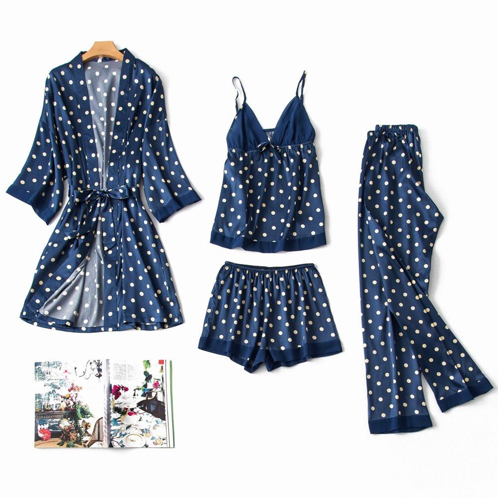 Women sleepwear 4Pcs Satin Silk Pajamas Cardigan Nightdress Bathrobe Robes Underwear Sleepwear пижама женская: Blue / XL