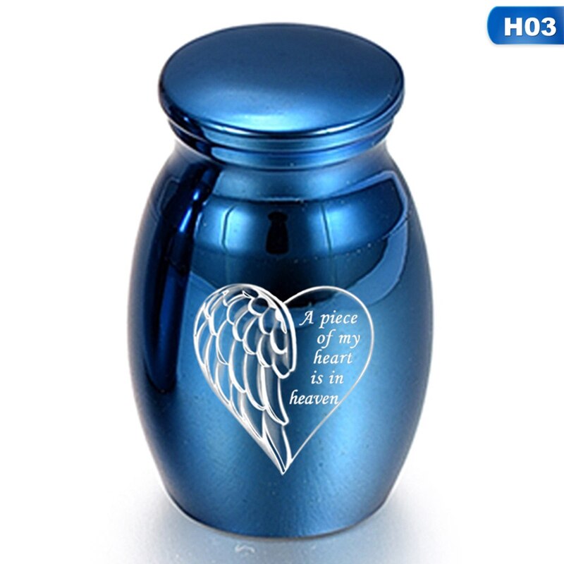 Blauwe as-herdenkingssteen voor huisdieren, liefdeshart, engelen vleugels, mini-urn, as-houder, as-urn, rouwcontainer, pot: H03
