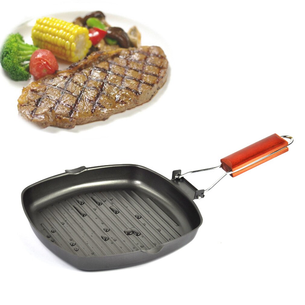 Cast Iron Steak Grill Pans Non-Stick Frying Pan Wooden Handle Folding for Kitchen Fry Cooking Steak Pans Portable Square Grill