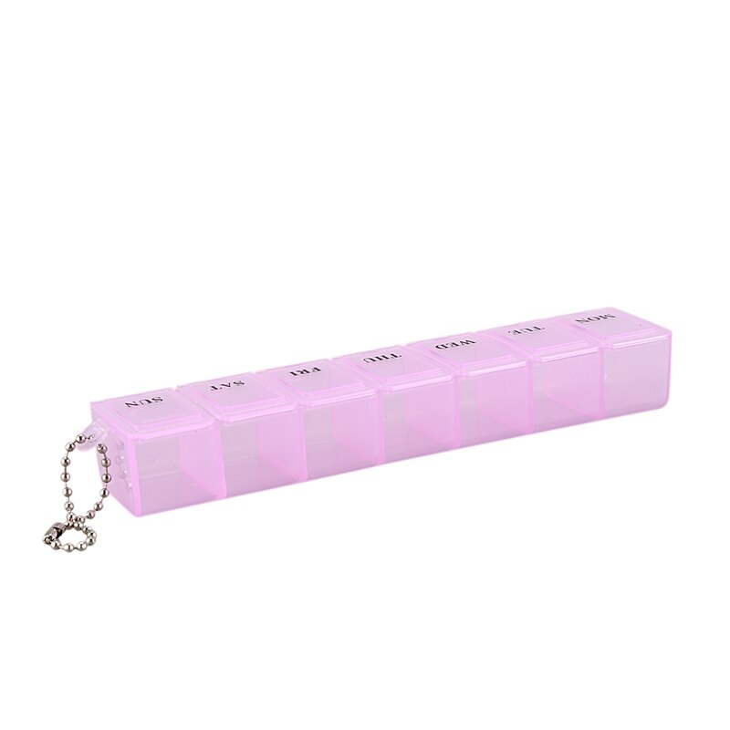 Pastillero de plástico rosa con 7 compartimentos, caja semanal con cadena de bolas