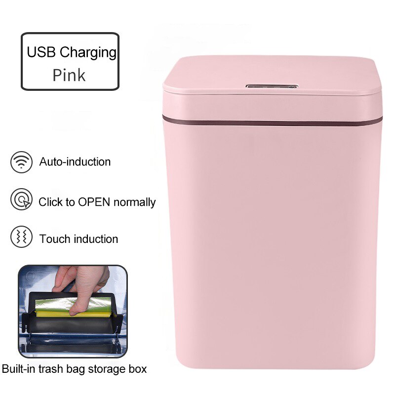 14/16L USB Charging Rubbish Can Automatic Smart Induction Trash Can Sensor Dustbin Touch Sensor Garbage Bucket for Home Kitchen: Pink-USB / 14L