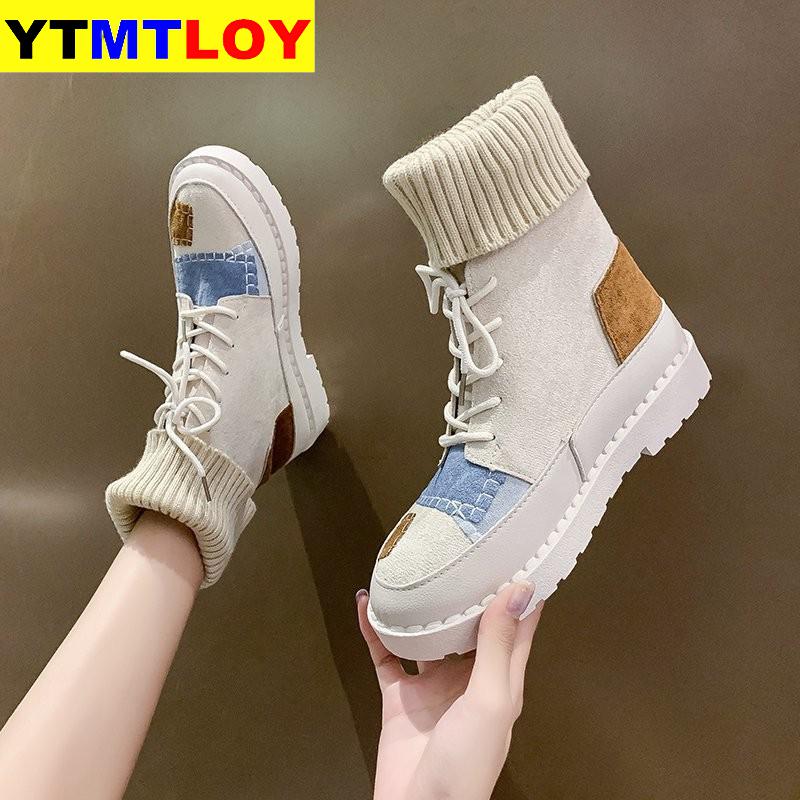 Høst og vinter eksplosjoner semsket lerret fargematchende vill high-top ull munnstøvler damesko 3 farger damestøvler