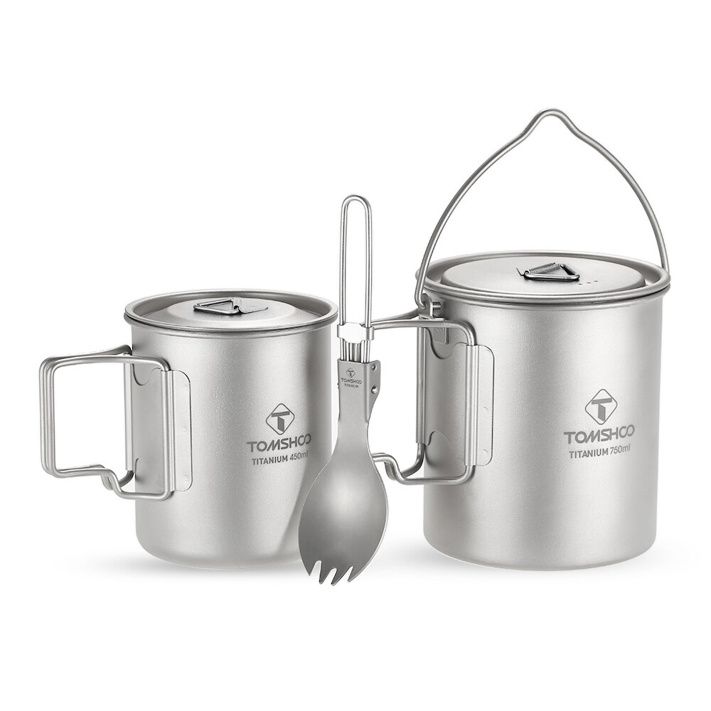 Tomshoo 3 Stuks Cup Set Titanium 750Ml Pot 450Ml Water Cup Mok Met Deksel Opvouwbare Handvat Vouwen Spork kamp Lichtgewicht Picknick