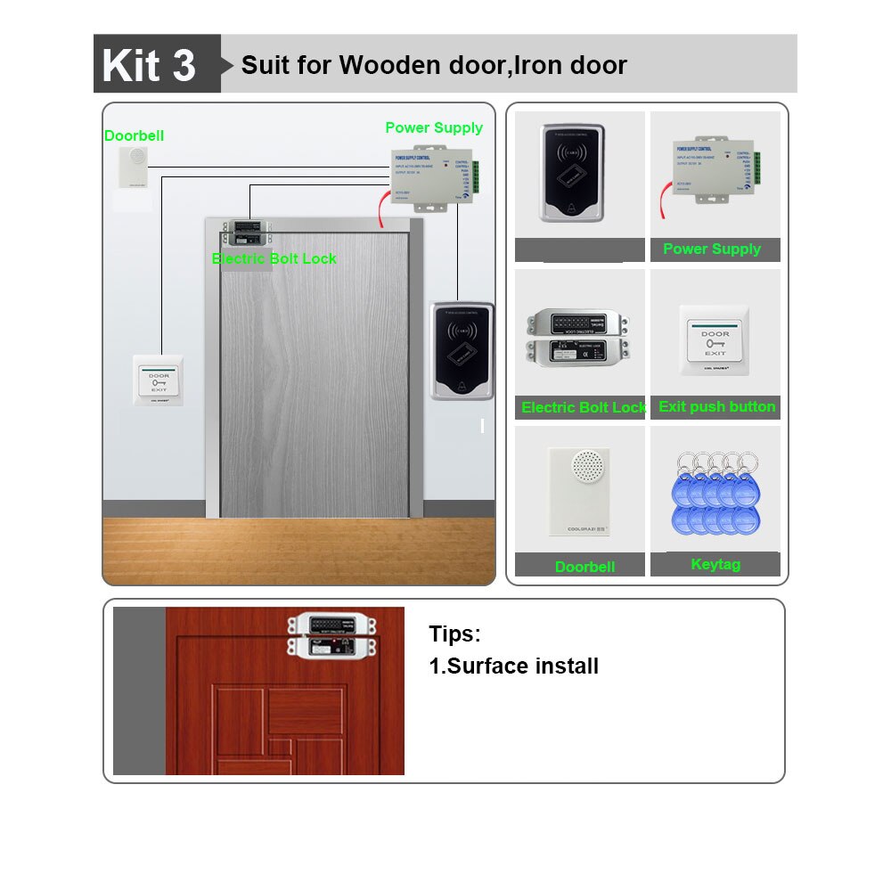 1000 Users Swipe Card Without Keyboard To Access RFID 125KHZ ID Card Reader Electronic Door Lock DC12V Control System Package: Kit 3