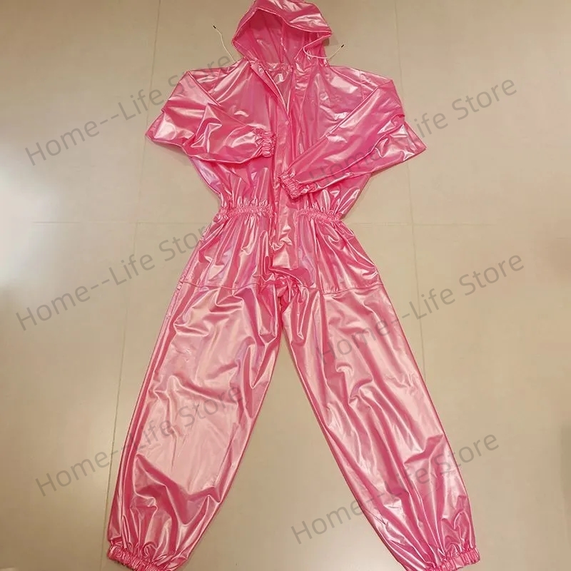 Herren-Gesamt, handgefertigt, rosa, durchsichtiges PVC, wasserdicht, langärmelig, mit Kapuze, regendicht, DJ, Verein, Bar, coole Kostümich