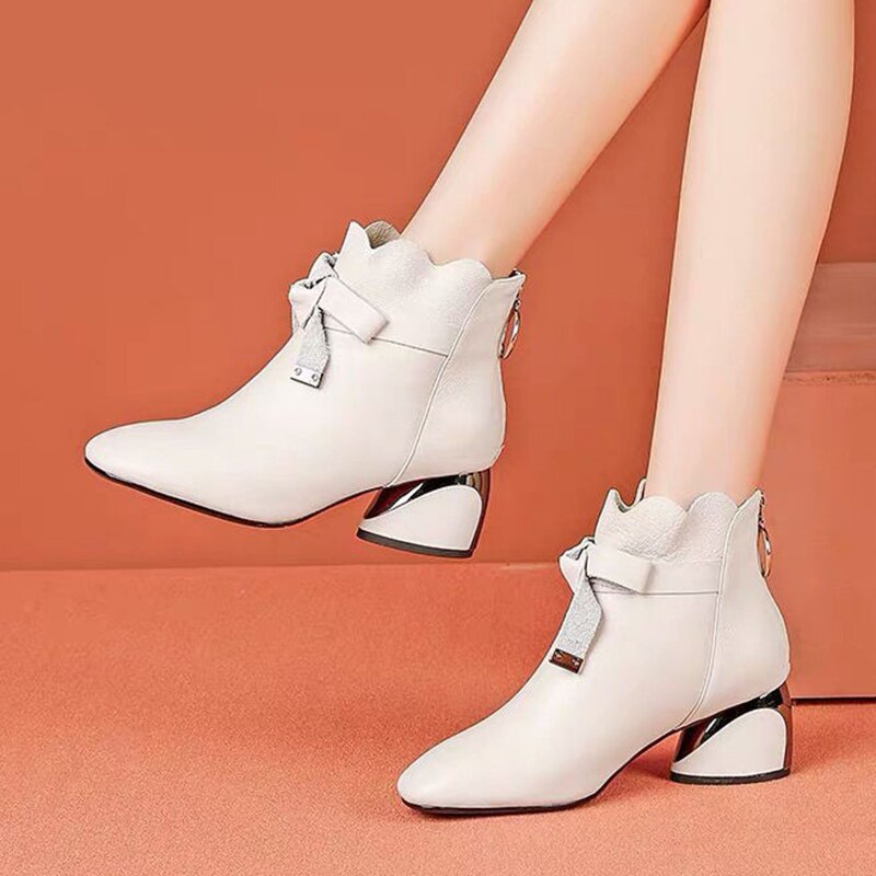 Women Ankle Boots Autumn Winter Shoes Med Heels Bare Boots Bow Dress Shoes Female Boots Wave White Botas Mujer: Beige / 36