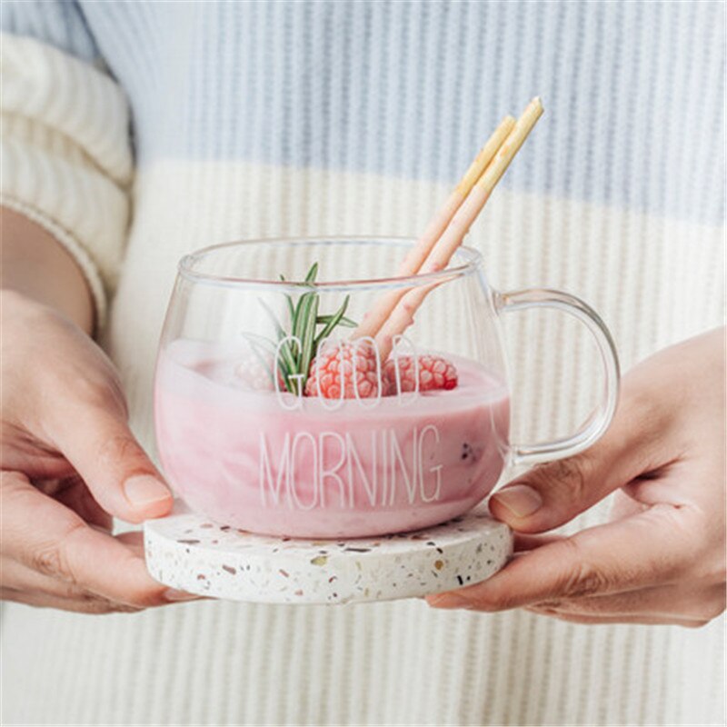 1 stk glas morgenmad kop kaffe te mælk yoghurt krus bogstaver trykt krus gennemsigtigt håndtag drinkware
