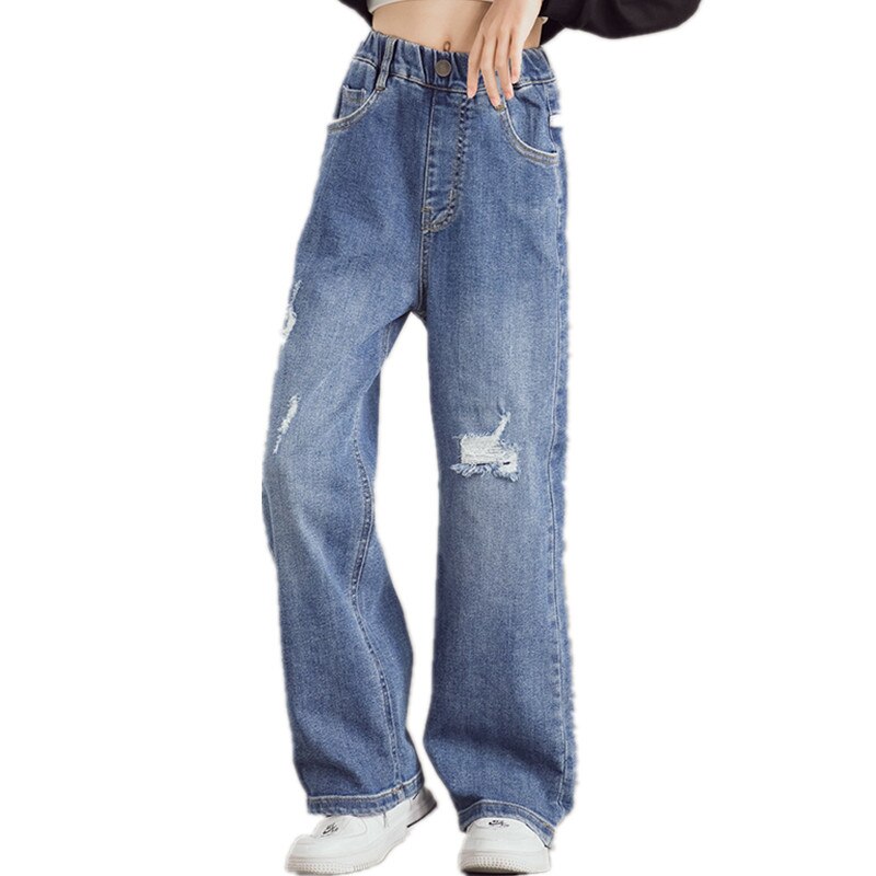 Jeans per ragazze di nuovo arrivo pantaloni larghi in cotone dritto Jeans strappati per bambini pantaloni larghi in Denim moda bambino abbigliamento per ragazze grandi: 13-14 Years Size 170