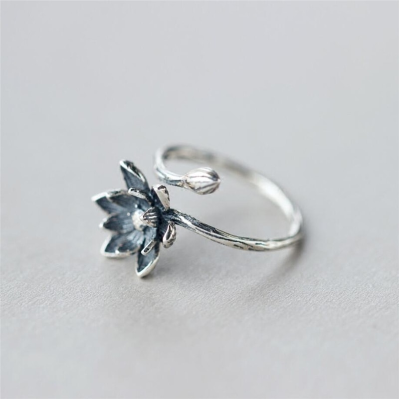 Literary 925 Sterling Silver Lotus Temperament Wild Personality Retro Sweet Female Resizable Opening Rings SRI087