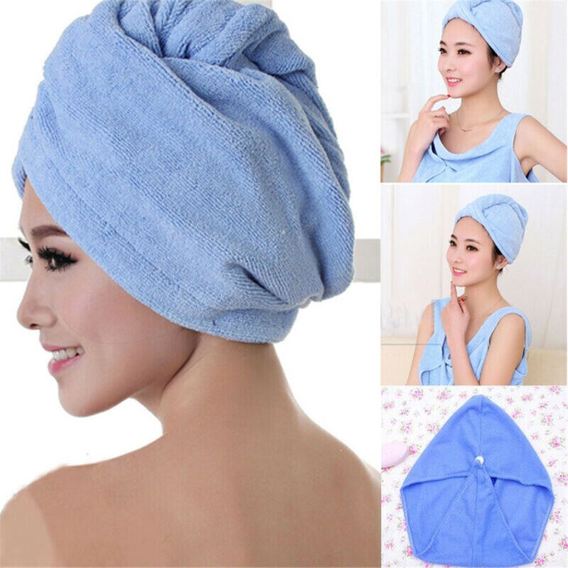 Newest Turbie Quick Drying Hair Towel Twist Wrap Loop Button Hat Cap Turban Solid Shower Bath Caps
