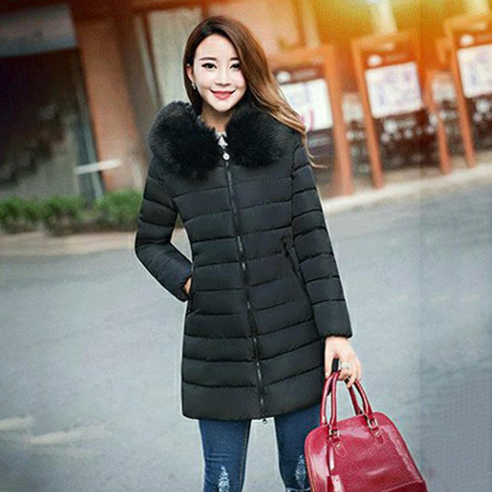 Plus size halflange katoenen bovenkleding winterjassen dames met grote bontkraag ultradunne dikke warme overjas kleding: Zwart / Xl