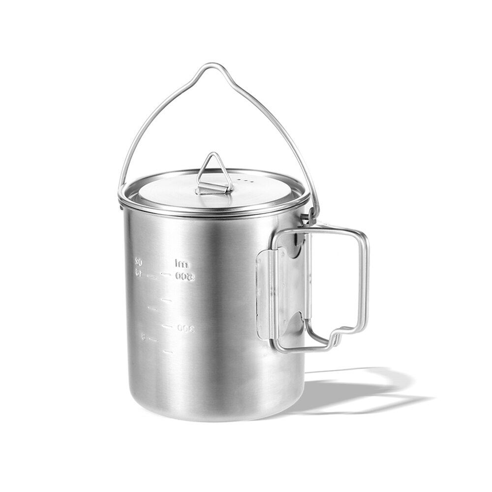 750ml Edelstahl draussen Camping Topf Hängen Topf Tasse Camping Wasser Becher Tasse mit Deckel und Faltbare Griff Außen kochen Picknick