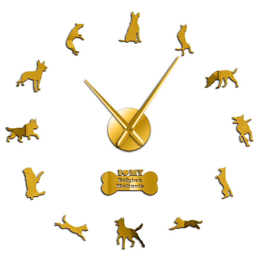 Belgian Shepherd 3D Clock K9 Security Dog Malinois Large DIY Wall Watch Animals Silhouette Acrylic Mirror Sticker: Gold / 37 inch