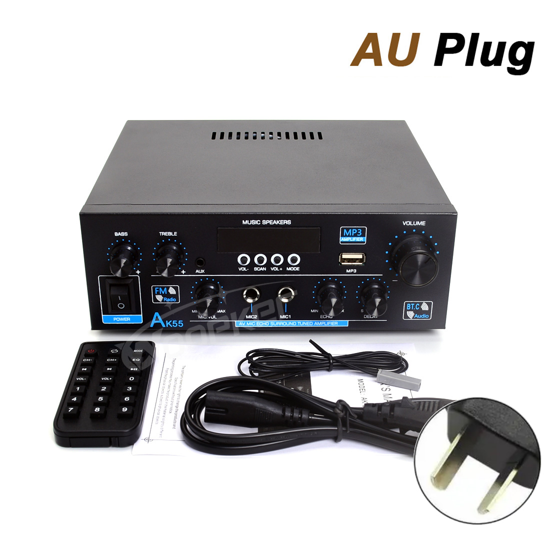 Woopker Amplifier AK55 900W Max 2.0 Channel Rated 70W+70W Bluetooth Audio Hifi AMP Karaoke Music Player Support 110V 220V 12V: Black