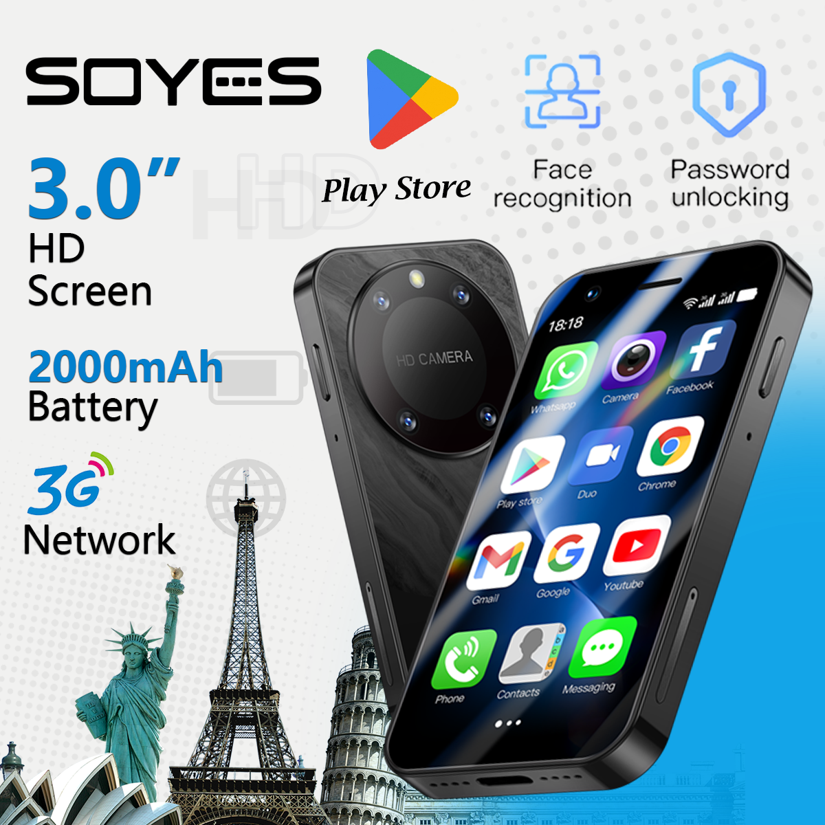 Smartphone SOYES F8 Pro Max Mini Android 8.1 - 3,0 polegadas | 2 GB + 16 GB | SIM Dupla 3G | Google Play | Mini smartphone compacto