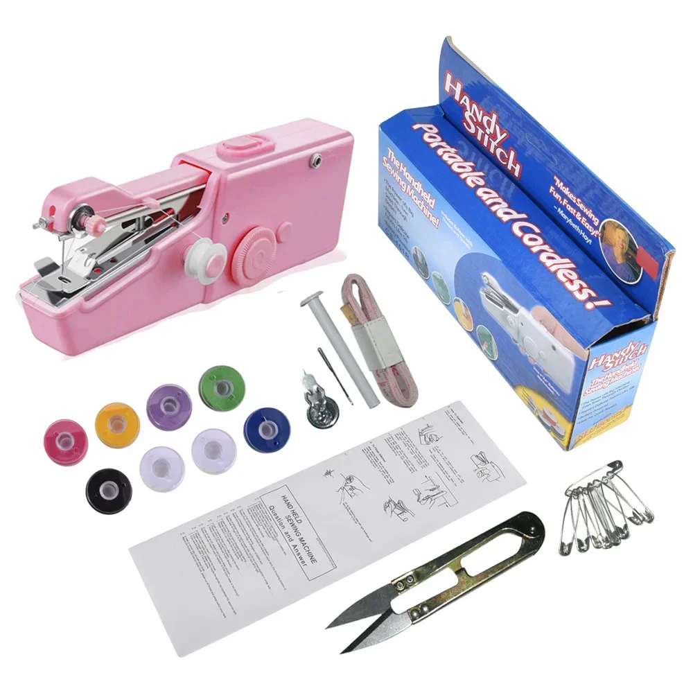 Portable Sewing Machine Mini Handheld Stitch Sew Needlework Cordless Clothes Fabrics Household Electric Sewing Machine: Red