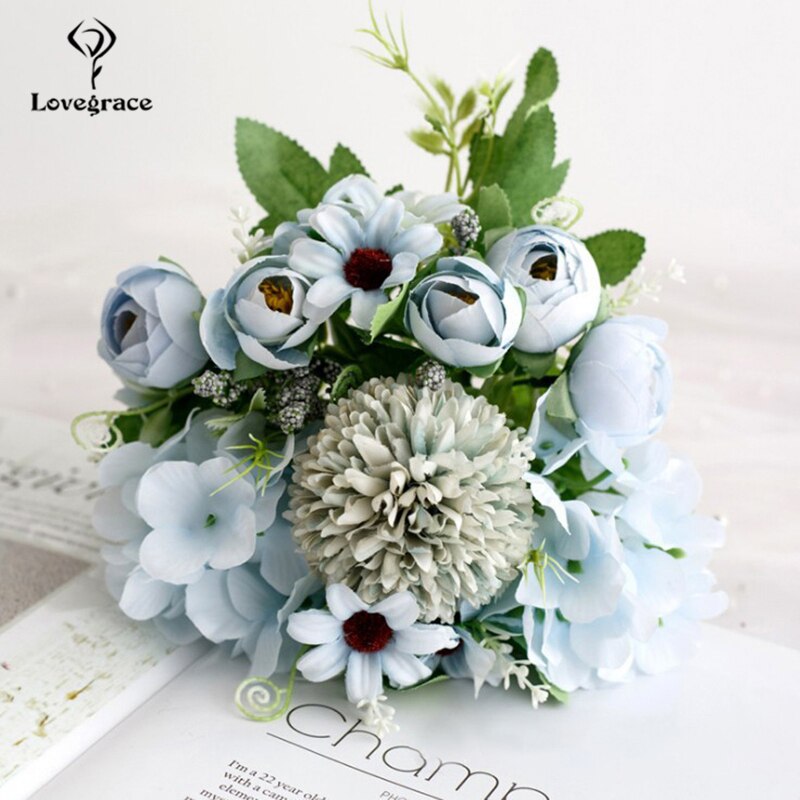Bouquet de mariage Lovegrace soie artificielle Rose pivoine fleur mariée Bouquet Rose hortensia pompon bourgeon vanille épi fourniture de mariage: bud-blue