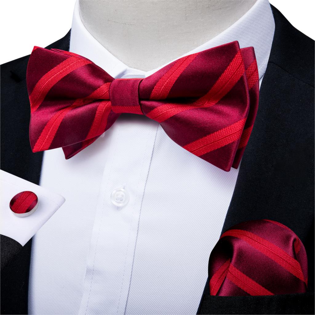 Formal dress Red Striped Paisley Wedding Bowtie Men Bow Tie set Butterfly Tie Pocket Square Cufflinks Cadeau Homme DiBanGu