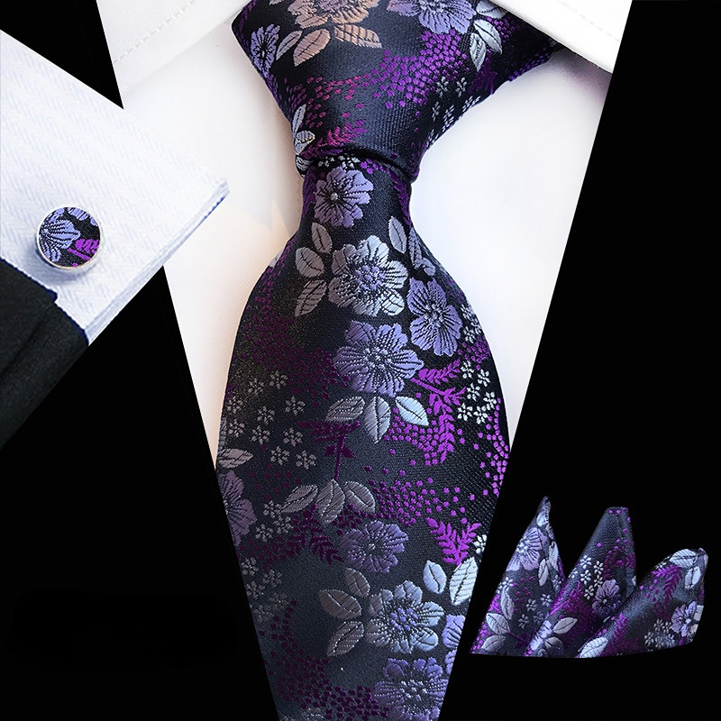 1set Men's Plum Paisley Tie Three Piece Suit Including Tie Pocket Towel Cufflinks: Dark purple