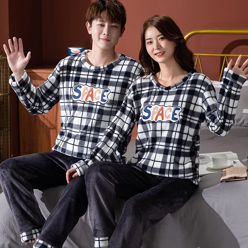 Couple Pajamas Sets Winter Flannel Sleepwear Men Home Pyjamas Loose Elastic Warm Coral Fleece Lovers Tracksuit One Set