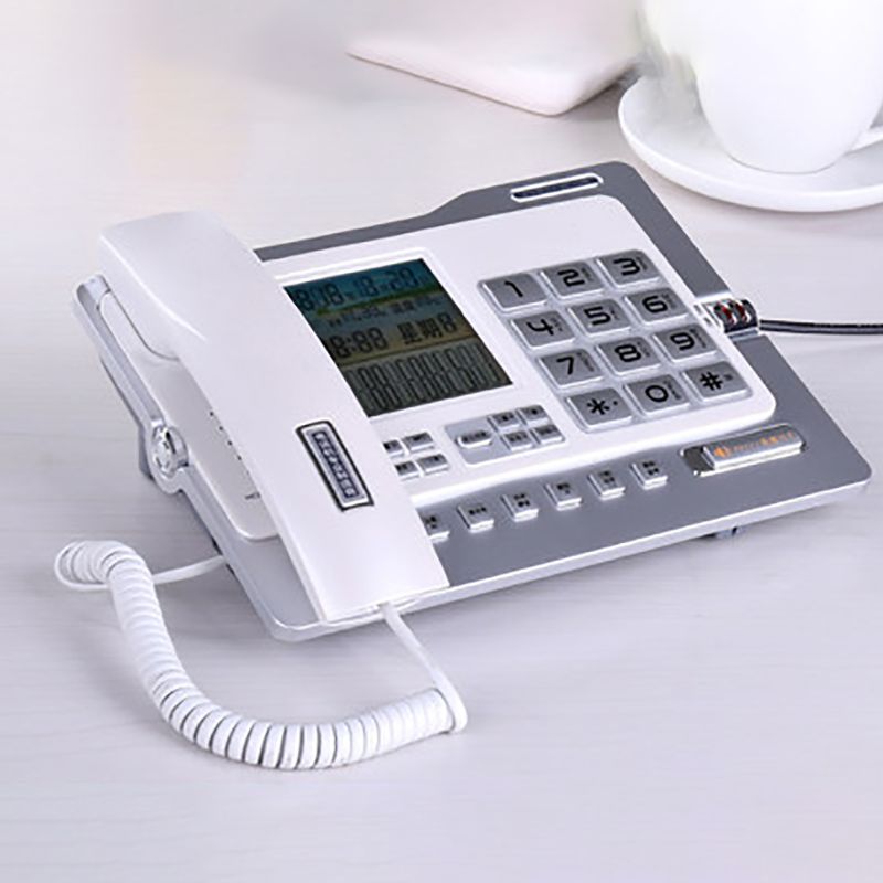 Kontorstelefon med telefonsamtal med uppringnings-id / samtal väntar, högtalartelefon, svartlista, miniräknare med dubbla gränssnitt och väckarklocka