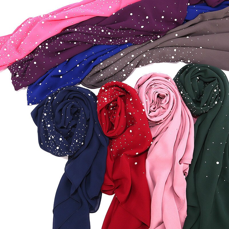 Maleisië vrouwen Bellen Chiffon Sjaal Met diamant studs Parels sjaal vlakte hijab sjaals Wraps effen kleur moslim hijab sjaal