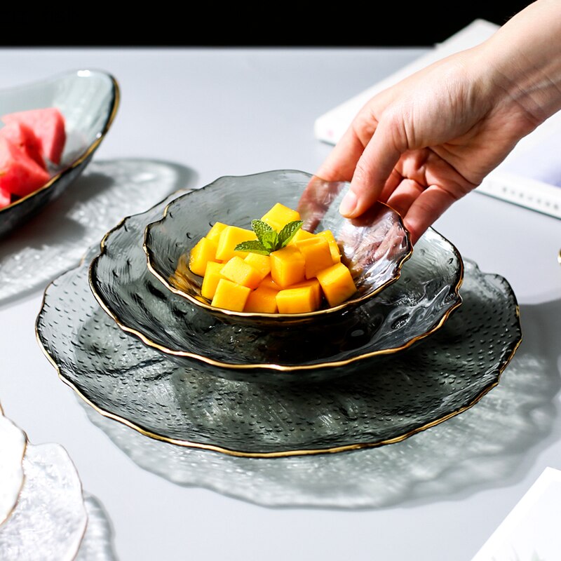 Gray Crystal Glass Fruit Plate Electroplating Golden Border Dessert Dessert Plate Pastry Salad Plate Kitchen Utensils