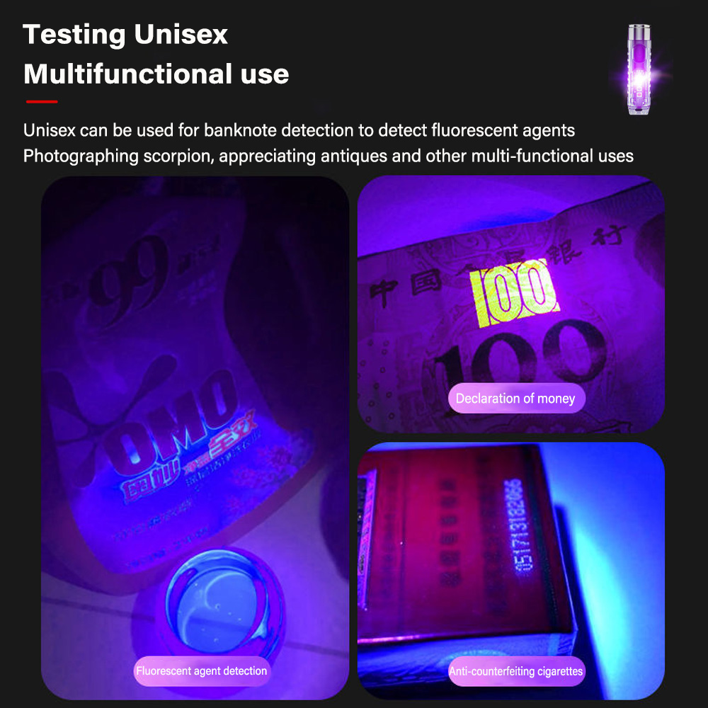 Oppladbar mini-lommelykt med 10 moduser, bærbar nøkkelringlys, magnetisk lommelykt, usb-oppladbar uv-lampe, nødcampinglykt